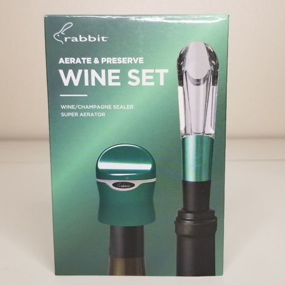 Rabbit Aerate & Preserve Wine Set New in Box Wine Champagne Sealer Aerator Green - Picture 4 of 4